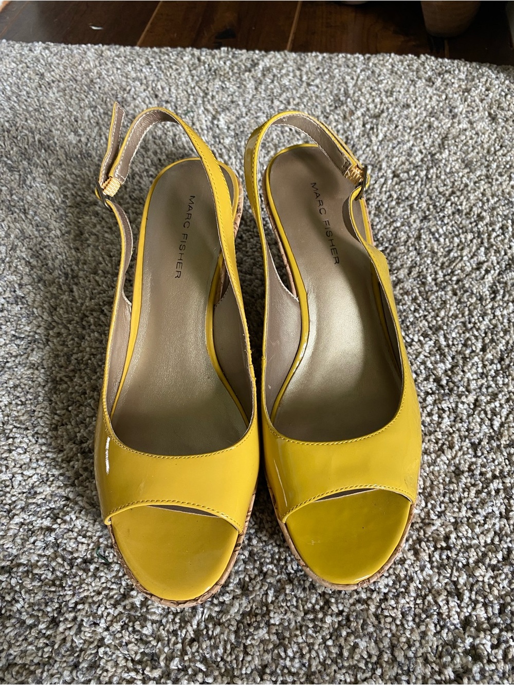 Marc Fisher Yellow Patent Peep-Toe Slingback Wedges